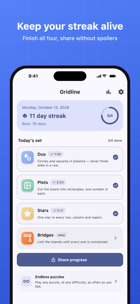 Today's set: four puzzles with a streak counter