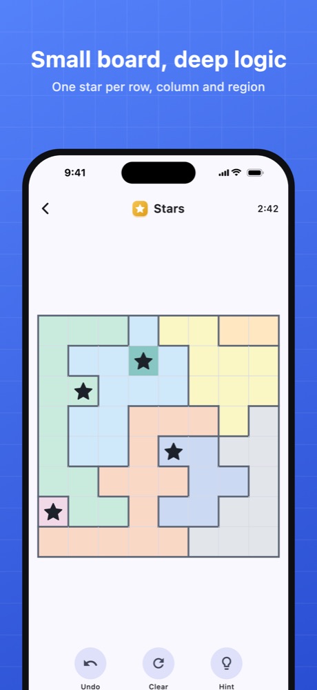 A Stars puzzle with coloured regions